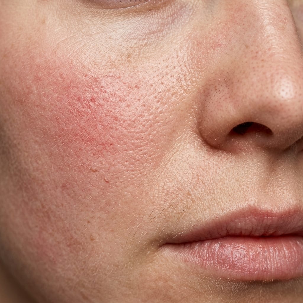 Close-up skin macro showing visible redness and texture, analysed by Claré AI
